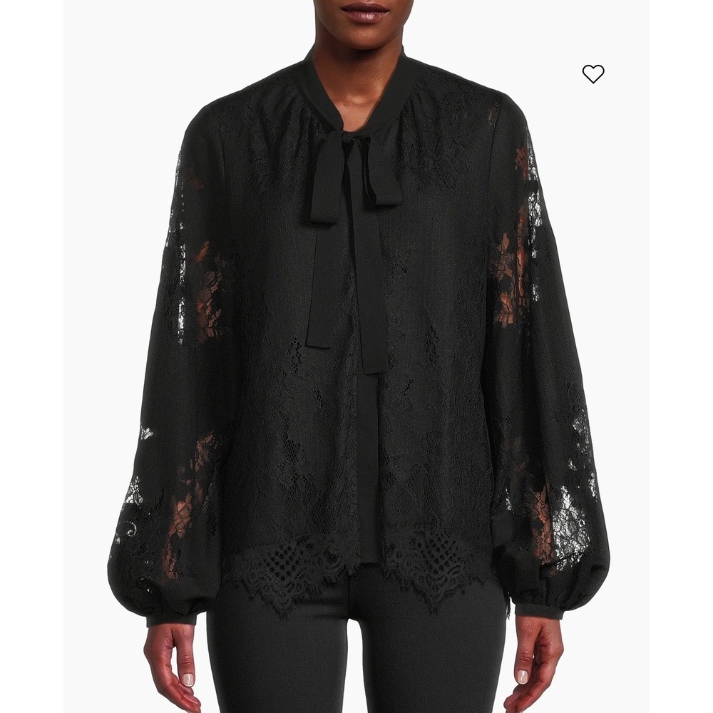 UNGARO Jada Lace Bow Blouse Shirt XXL Black‎ NEW Designer Delicate Feminine